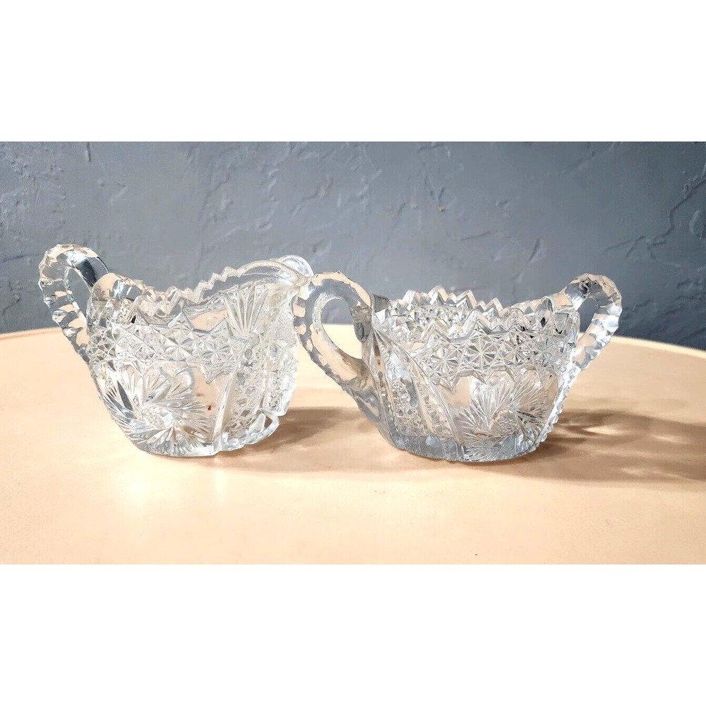 American Brilliant Period Crystal‎ Cut Glass Pinwheel Creamer And Sugar Bowl Set